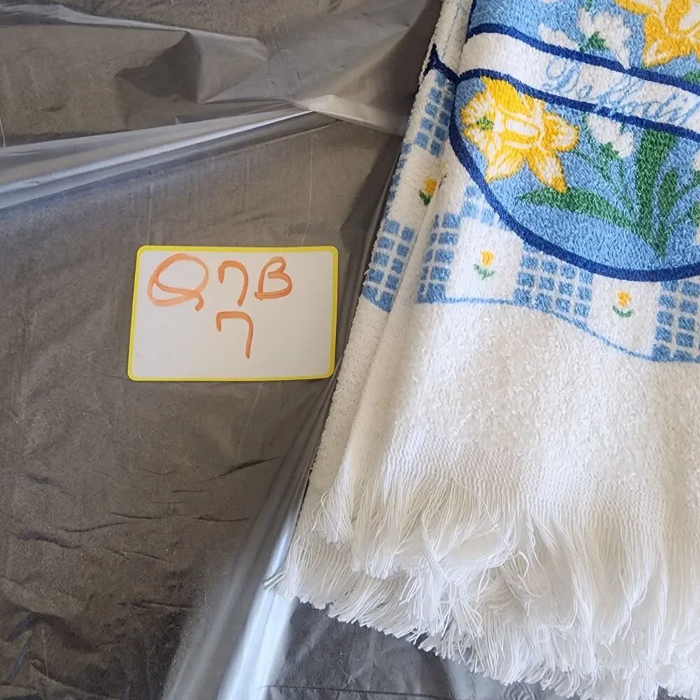 Vintage Daffodil Floral Kitchen Towel Set Blue White Plaid Gingham Fringed